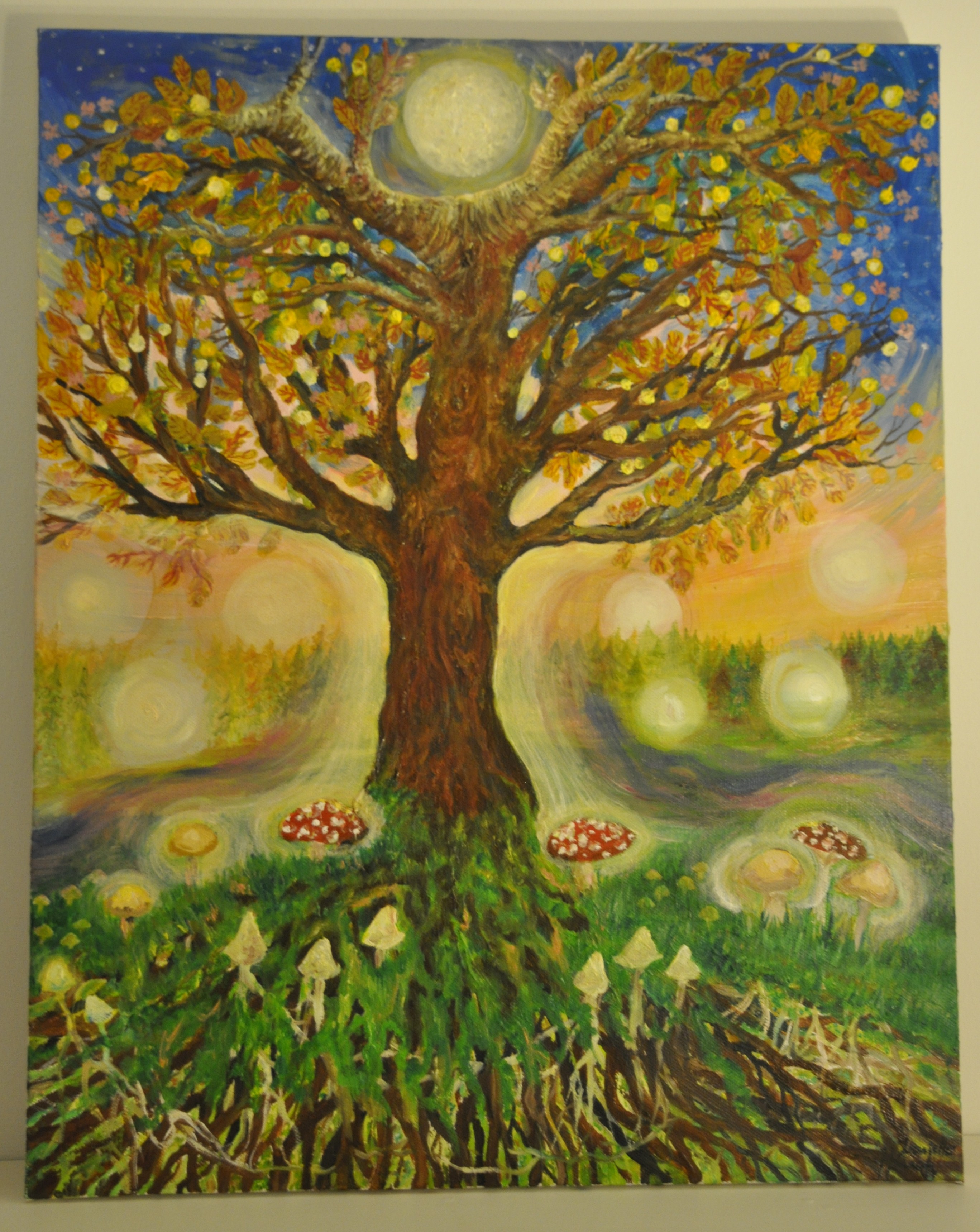 Hannah Araniello original artwork — a mystical tree of life painting with moons, toadstools, and glowing orbs in a twilight landscape