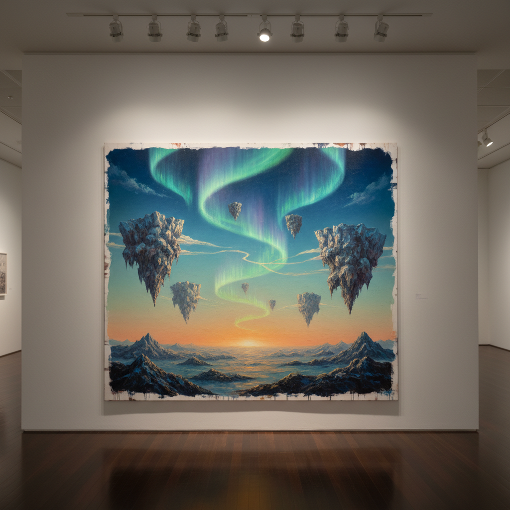 A large, atmospheric canvas mounted on a minimally furnished gallery wall, depicting an otherworldly landscape of floating islands, translucent auroras, and a distant, glowing horizon painted in layered oils. The canvas edges show traces of hand-applied pigment, and the surface has a soft satin sheen. The gallery floor is polished dark wood, reflecting a faint shimmer of the artwork’s colors. Track lighting above casts focused, warm beams that sculpt the painting’s textures, while the rest of the room falls into gentle shadow. Photographic realism, wide-angle composition centered on the artwork, with subtle depth of field that keeps the environment present but secondary, creating a sophisticated, reverent atmosphere ideal for showcasing fine art for purchase.