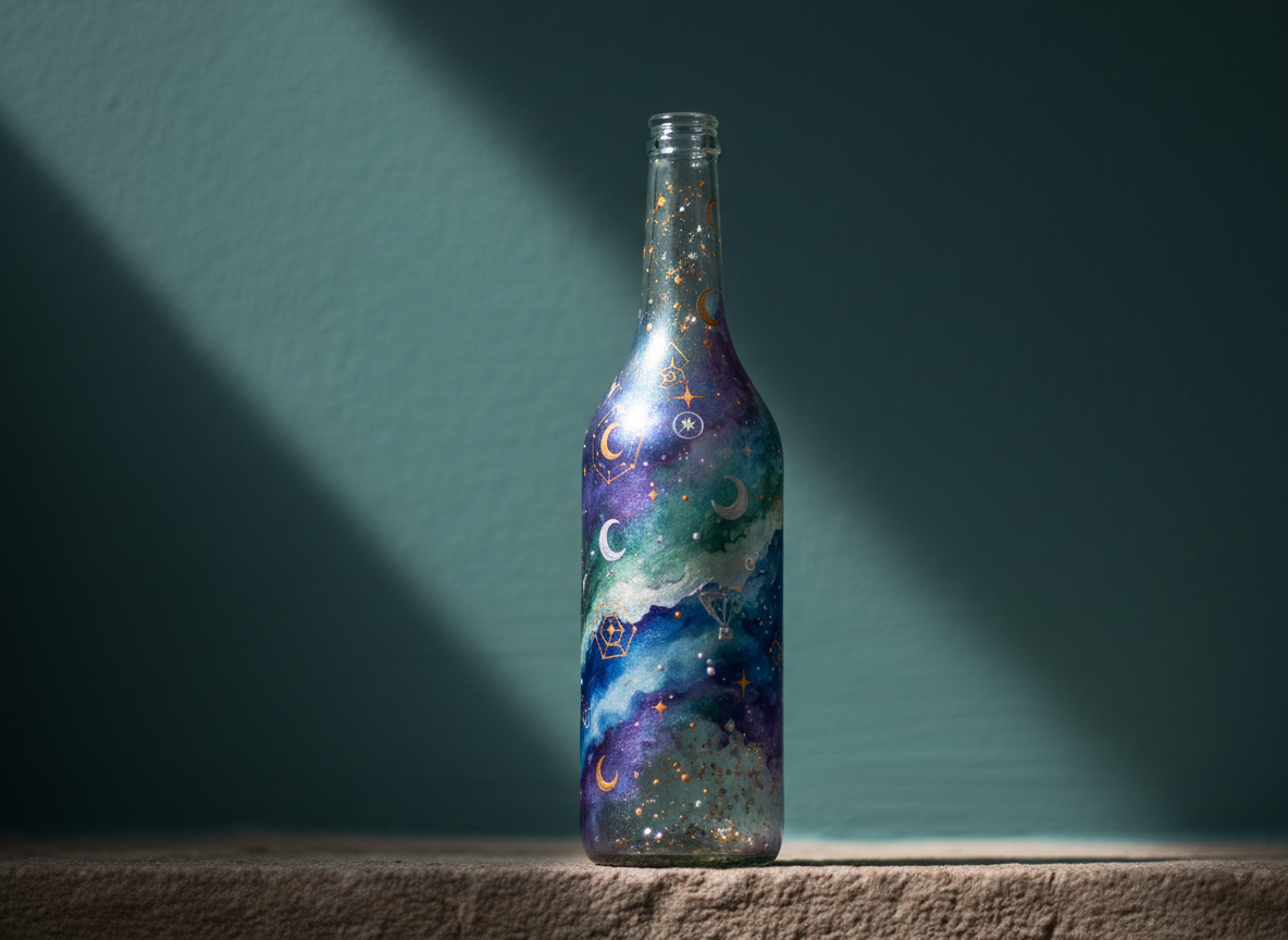 A narrow, vertical composition of a painted glass bottle standing on a simple stone ledge, its surface covered in iridescent acrylic and watercolor imagery of swirling mists, tiny moons, and astral patterns. Inside the bottle, faintly visible metallic flecks catch the light like stardust. The background is a softly defocused, dark teal wall, lending depth and contrast. A beam of cool, diffused window light falls diagonally across the scene, wrapping the bottle in a subtle glow and creating a soft halo on the wall behind. Photographic realism, captured at eye level with a shallow depth of field and elegant negative space above and around the bottle, evokes a quiet, contemplative sense of spiritual mystery.