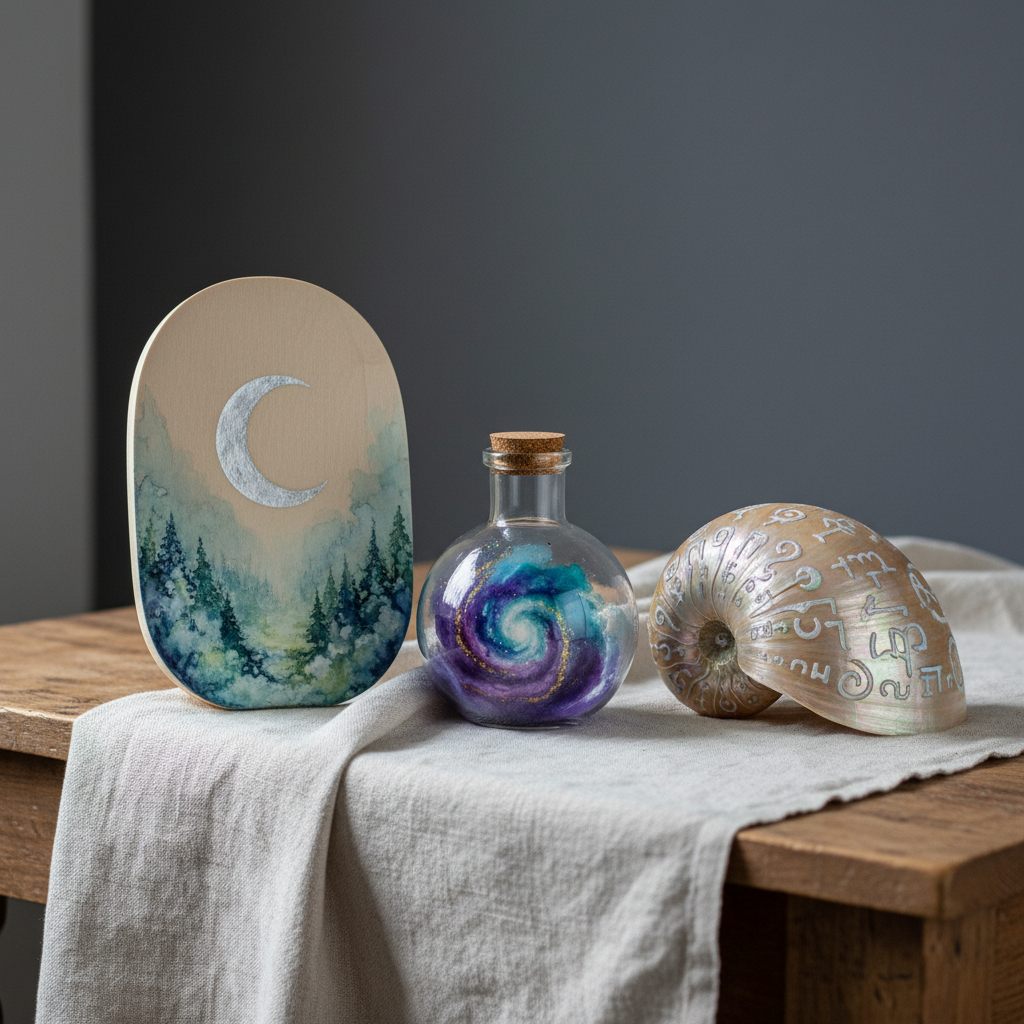 An elegant tabletop arrangement featuring a small collection of mystical artworks: a smooth, pale wooden panel painted with a luminous crescent moon over a misty forest, a delicately painted glass bottle with shimmering watercolour galaxies inside, and a seashell adorned with intricate, pearlescent acrylic symbols. They rest on a linen-draped table against a softly blurred charcoal-grey wall. Cool, diffused morning light from the left creates gentle reflections on the glass and shell, and subtle shadows beneath each object. Photographic realism, captured from a slightly elevated angle with balanced composition, evokes a refined, contemplative mood that highlights the diversity of surfaces used for spiritual, otherworldly art.