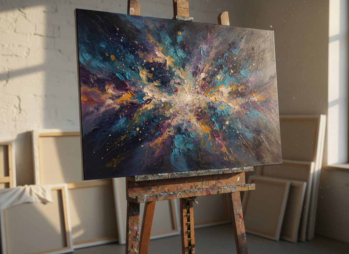 A richly detailed close-up of an ethereal oil painting resting on an easel in a quiet studio, the canvas filled with swirling nebula-like forms and glimmering, abstract constellations in deep indigo, amethyst, and antique gold. The grain of the wooden easel and flecks of dried paint on its surface are clearly visible. Around it, other canvases lean against a white wall, softly out of focus. Late afternoon light pours through a high window, casting gentle highlights across the paint’s subtle texture and creating long, elegant shadows. Photographic realism, shot at eye level with a shallow depth of field, conveys a sophisticated, mystical atmosphere that feels serene yet otherworldly.