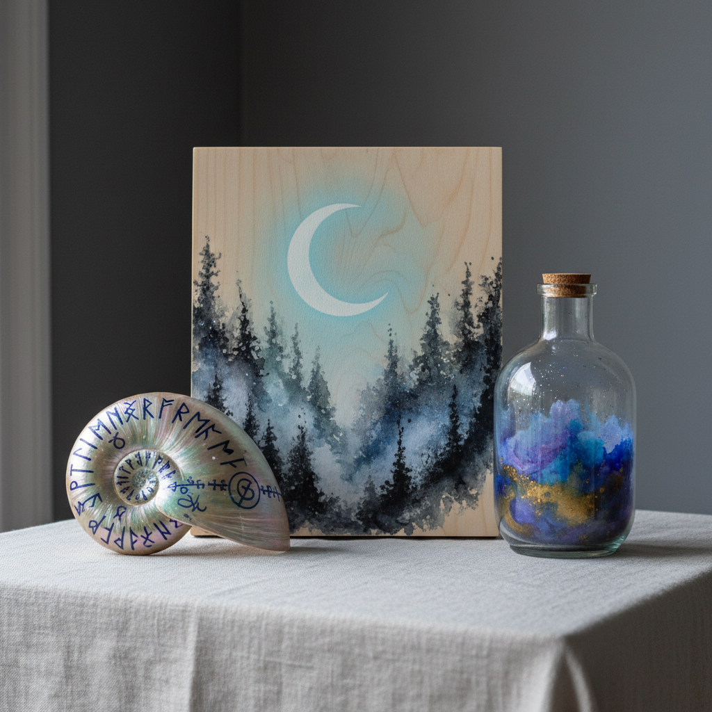 An elegant tabletop arrangement featuring a small collection of mystical artworks: a smooth, pale wooden panel painted with a luminous crescent moon over a misty forest, a delicately painted glass bottle with shimmering watercolour galaxies inside, and a seashell adorned with intricate, pearlescent acrylic symbols. They rest on a linen-draped table against a softly blurred charcoal-grey wall. Cool, diffused morning light from the left creates gentle reflections on the glass and shell, and subtle shadows beneath each object. Photographic realism, captured from a slightly elevated angle with balanced composition, evokes a refined, contemplative mood that highlights the diversity of surfaces used for spiritual, otherworldly art.