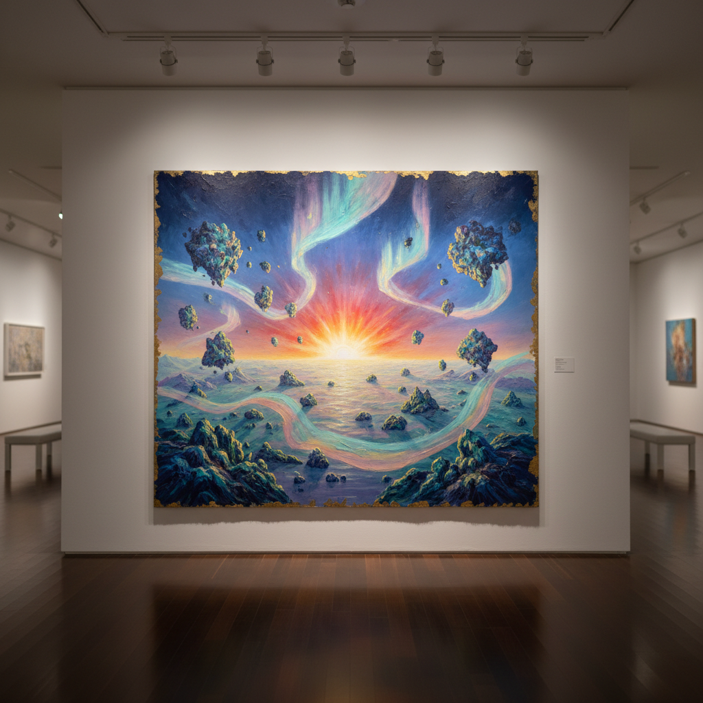 A large, atmospheric canvas mounted on a minimally furnished gallery wall, depicting an otherworldly landscape of floating islands, translucent auroras, and a distant, glowing horizon painted in layered oils. The canvas edges show traces of hand-applied pigment, and the surface has a soft satin sheen. The gallery floor is polished dark wood, reflecting a faint shimmer of the artwork’s colors. Track lighting above casts focused, warm beams that sculpt the painting’s textures, while the rest of the room falls into gentle shadow. Photographic realism, wide-angle composition centered on the artwork, with subtle depth of field that keeps the environment present but secondary, creating a sophisticated, reverent atmosphere ideal for showcasing fine art for purchase.