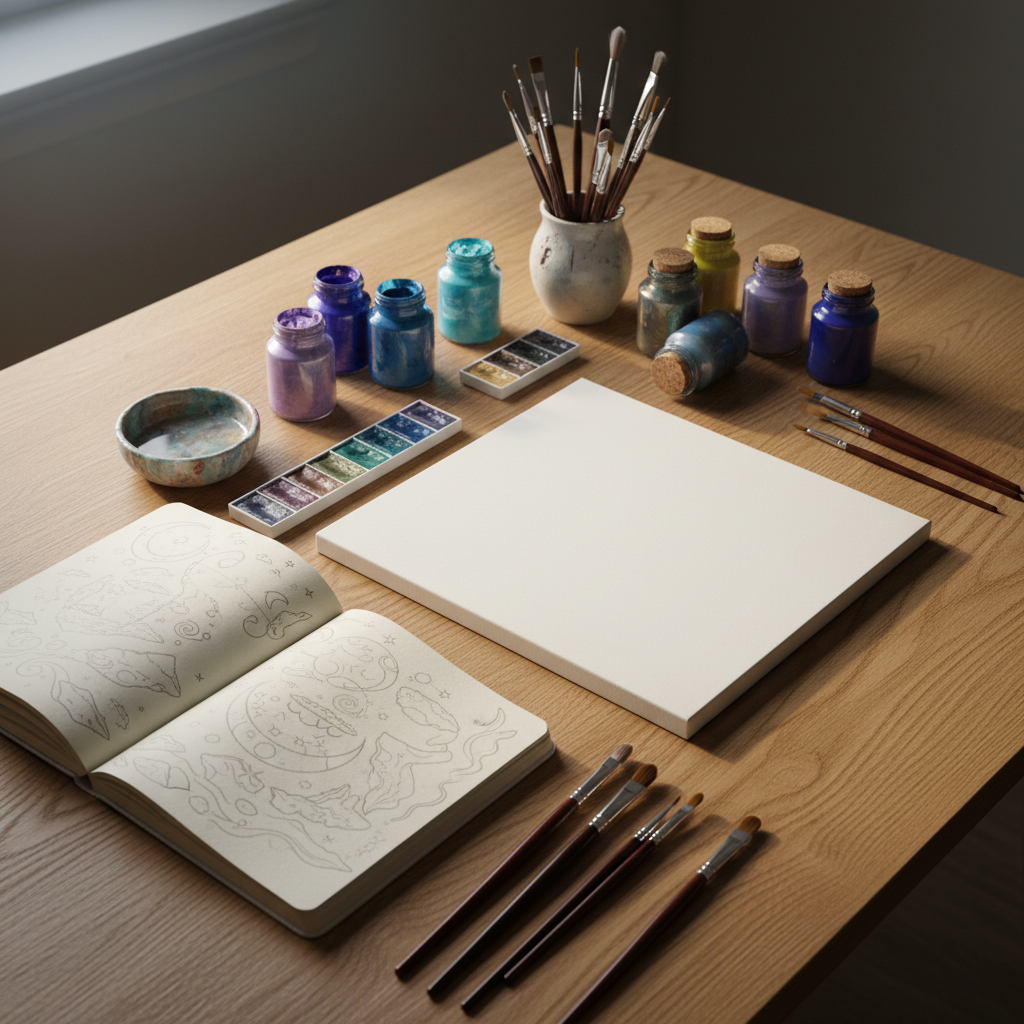 A meticulously arranged commission workspace on a solid oak table, featuring a blank primed canvas lying flat beside an open sketchbook filled with faint, mystical pencil outlines of celestial symbols and dreamlike landscapes. Nearby, neatly organized oil, acrylic, and watercolor paints in glass jars reveal rich pigments in deep blues, dusky violets, and soft metallics, with fine brushes and a ceramic water dish. Soft studio lighting from above and a cool side light from a nearby window combine to create gentle, overlapping shadows and subtle highlights on metal ferrules and wet paint. Photographic realism, shot from a three-quarter overhead angle, conveys a calm, anticipatory mood, emphasizing the bespoke, spiritual nature of custom commissions.