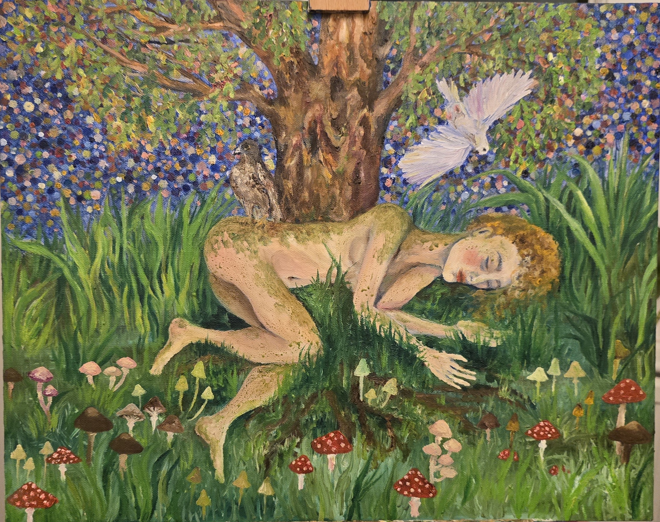 Sleeping Beauty, oil on canvas by Hannah Araniello — a figure at rest beneath a flowering tree, surrounded by mushrooms and birds